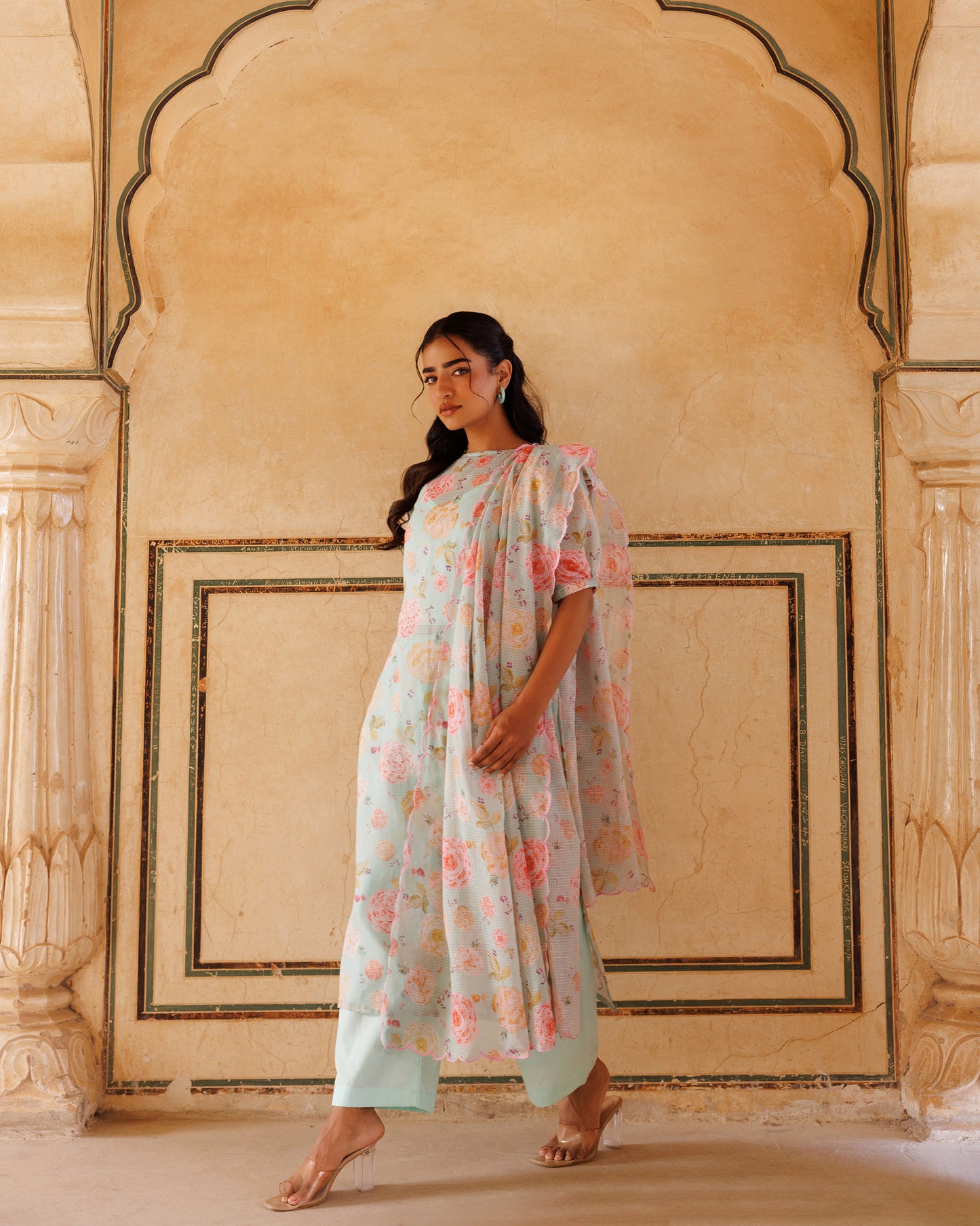 Pastel Green, Floral printed Kota Doriya Kurta Set