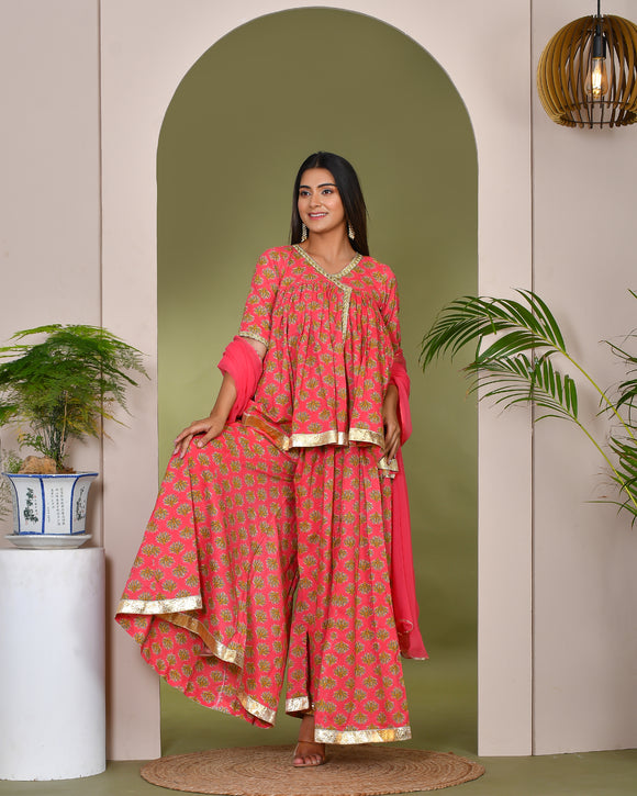 Green Cotton Sharara Suit For Girls With Bobby Prints - Ethnic Race