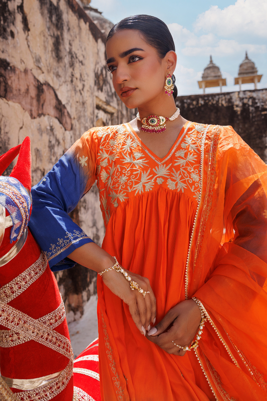 Orange Hand Dyed, Dual-Shaded Chanderi  Kurta Set