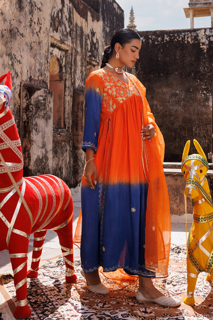 Orange Hand Dyed, Dual-Shaded Chanderi  Kurta Set