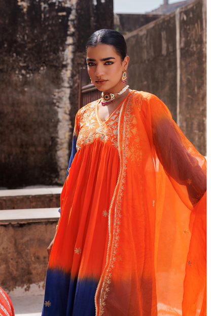 Orange Hand Dyed, Dual-Shaded Chanderi  Kurta Set