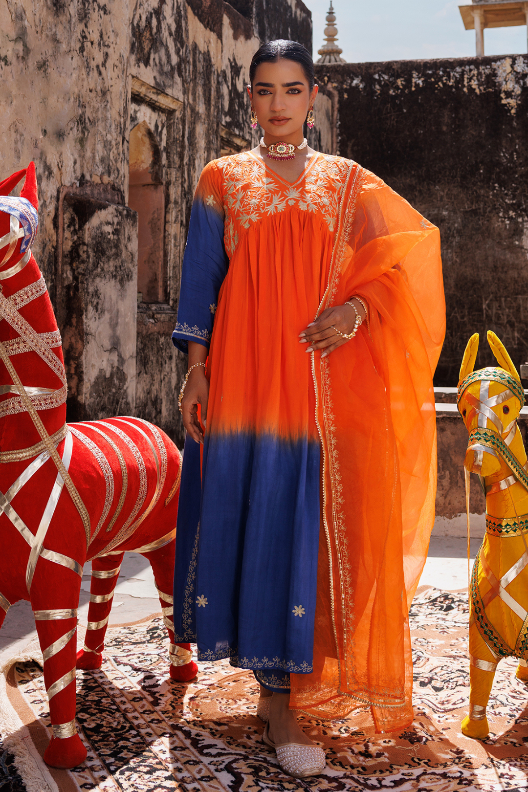 Orange Hand Dyed, Dual-Shaded Chanderi  Kurta Set