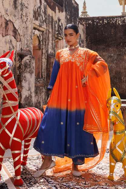 Orange Hand Dyed, Dual-Shaded Chanderi  Kurta Set
