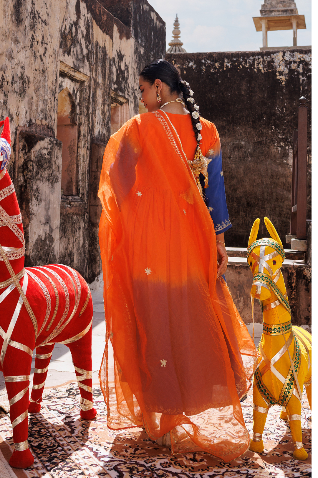 Orange Hand Dyed, Dual-Shaded Chanderi  Kurta Set