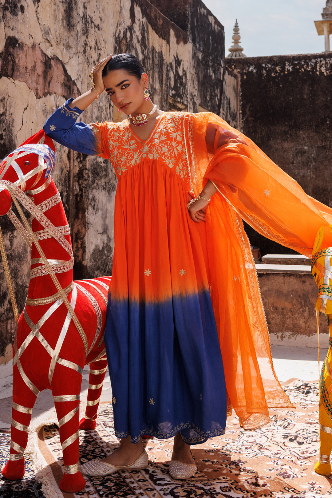 Orange Hand Dyed, Dual-Shaded Chanderi  Kurta Set