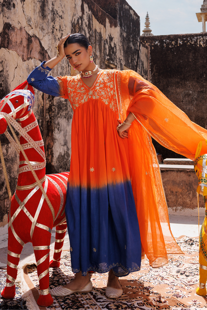 Orange Hand Dyed, Dual-Shaded Chanderi  Kurta Set