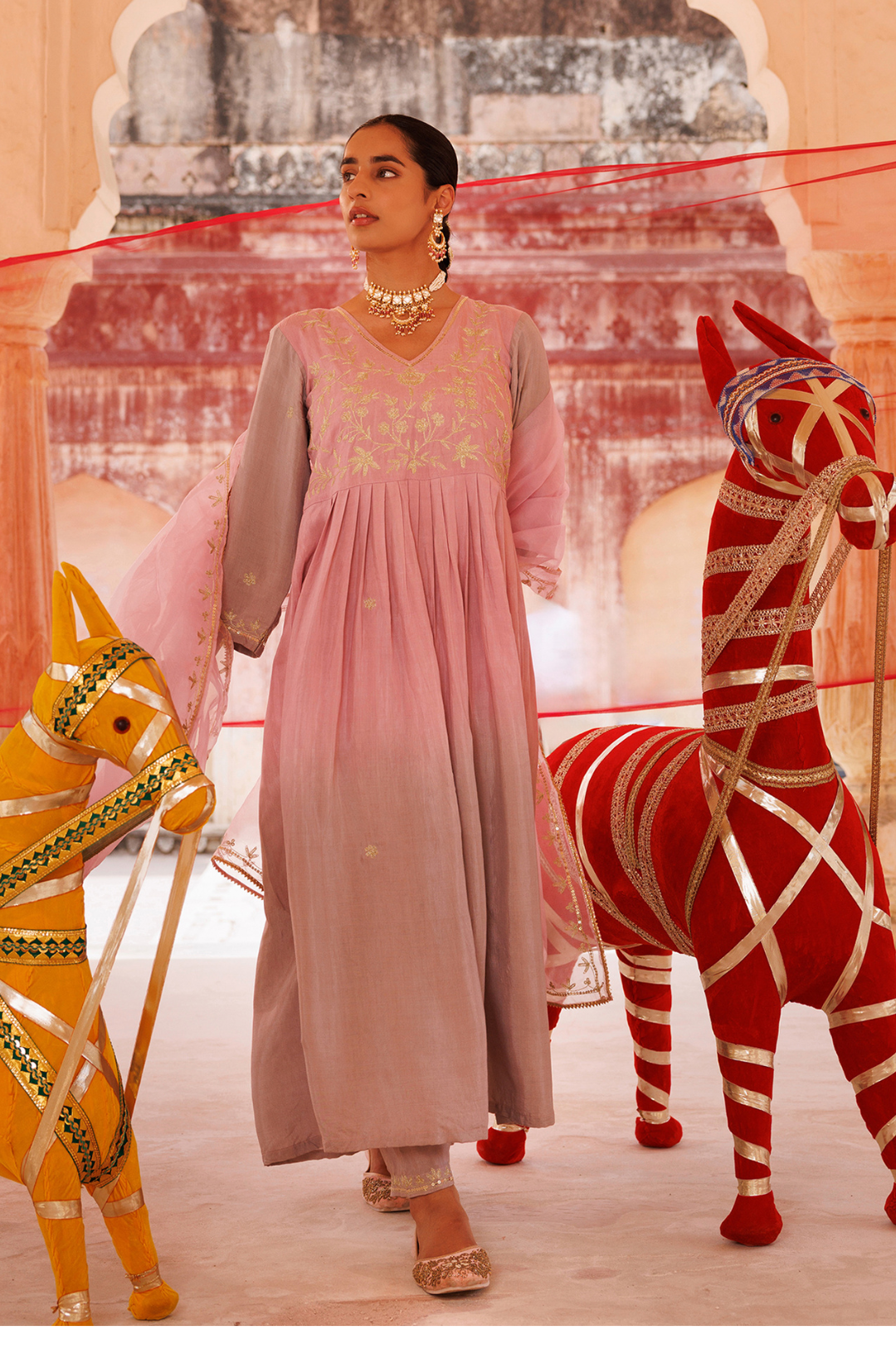 Hand Dyed, Dual-Shaded Pink Chanderi Kurta Set