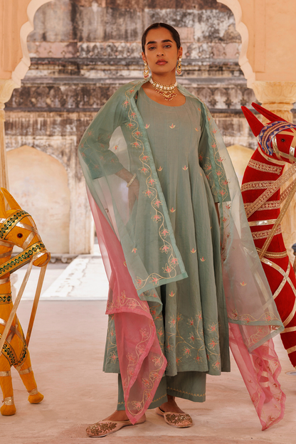 Sage Green Cotton Anarkali With Dual-Shaded Dupatta