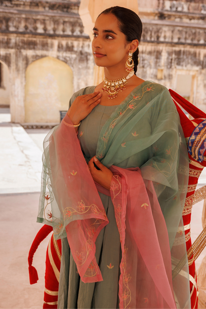 Sage Green Cotton Anarkali With Dual-Shaded Dupatta