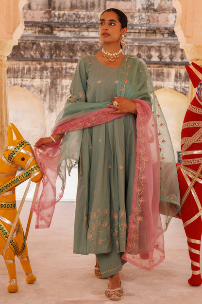 Sage Green Cotton Anarkali With Dual-Shaded Dupatta