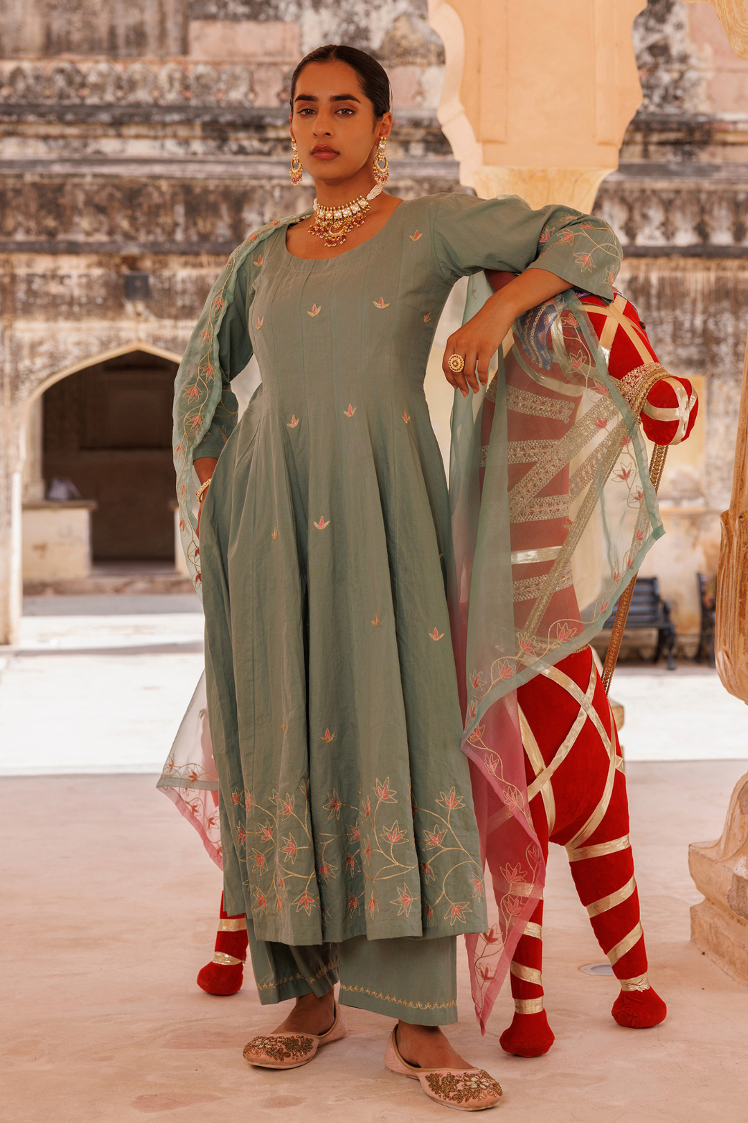 Sage Green Cotton Anarkali With Dual-Shaded Dupatta