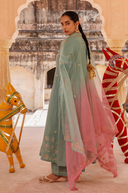 Sage Green Cotton Anarkali With Dual-Shaded Dupatta