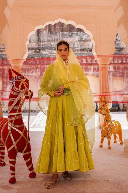 Green, Tiered Anarkali With Aari Taari Embroidery