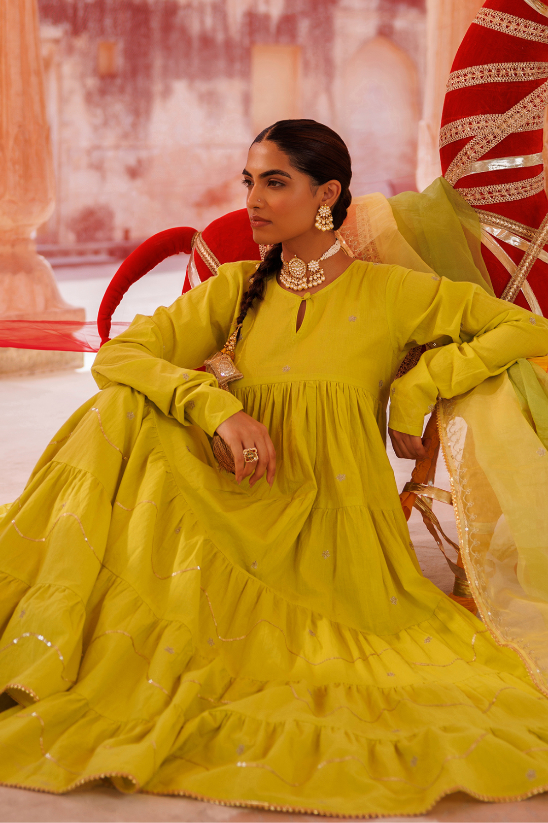 Green, Tiered Anarkali With Aari Taari Embroidery