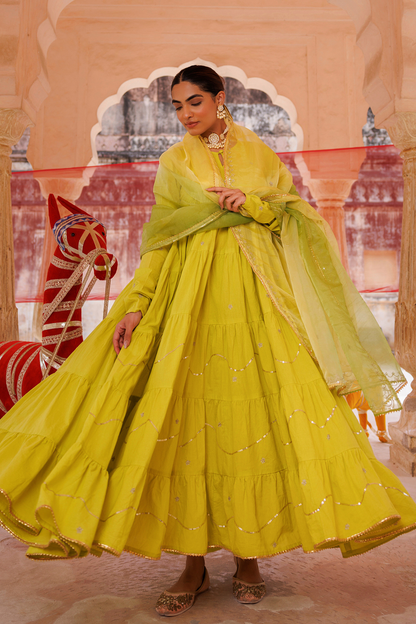 Green, Tiered Anarkali With Aari Taari Embroidery