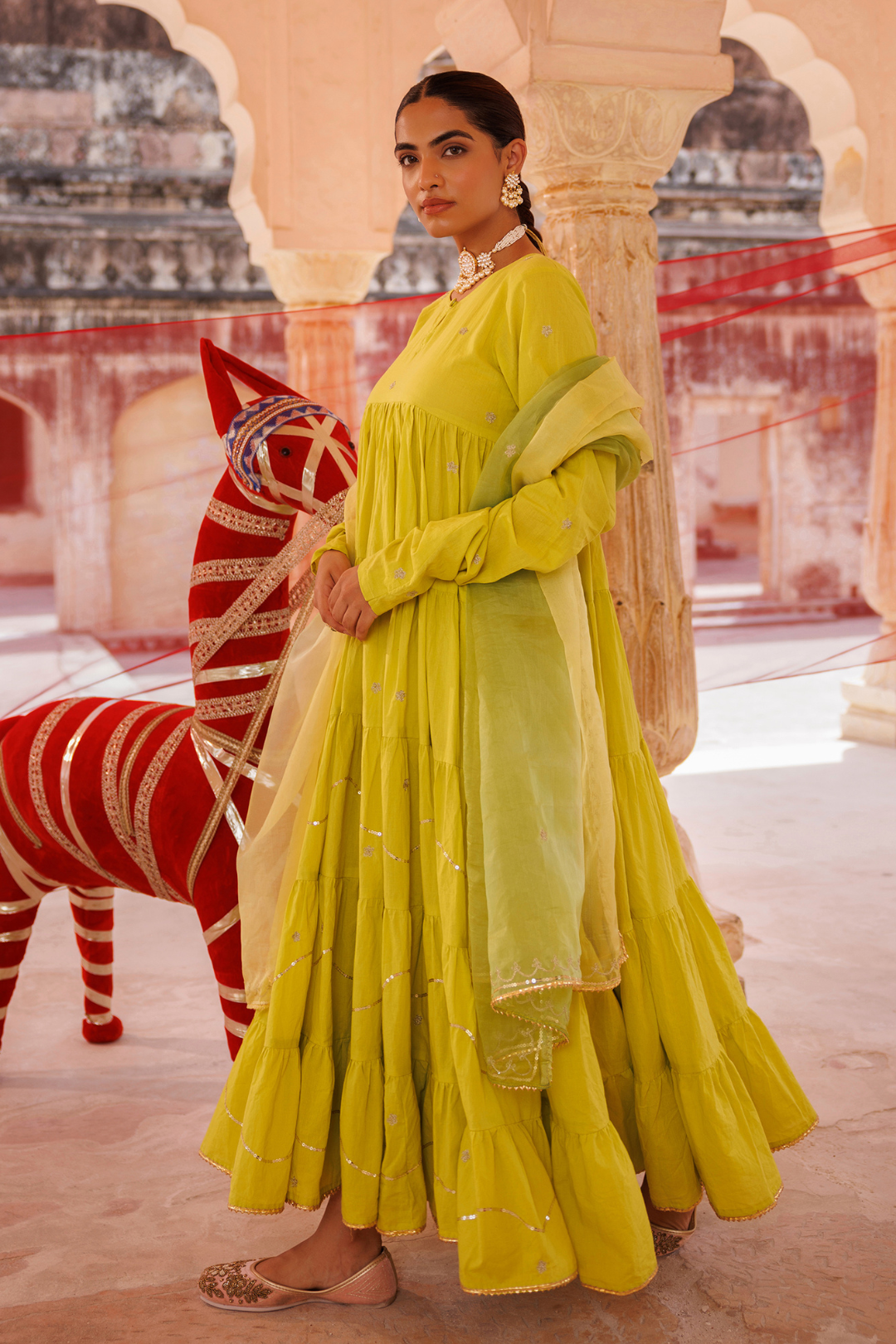 Green, Tiered Anarkali With Aari Taari Embroidery