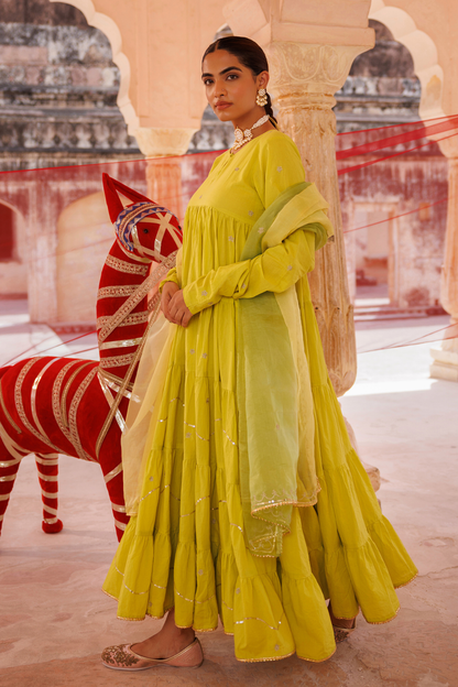 Green, Tiered Anarkali With Aari Taari Embroidery