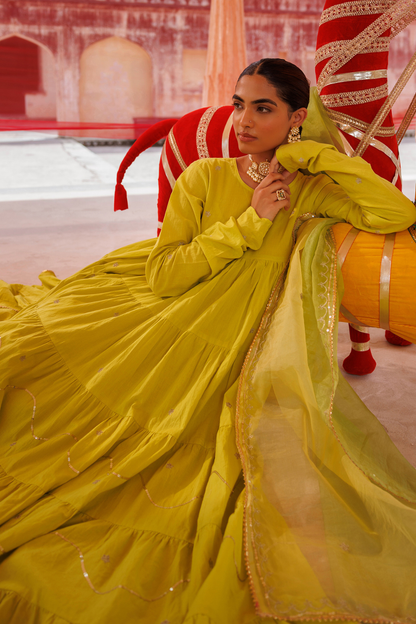 Green, Tiered Anarkali With Aari Taari Embroidery