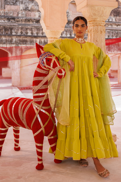 Green, Tiered Anarkali With Aari Taari Embroidery