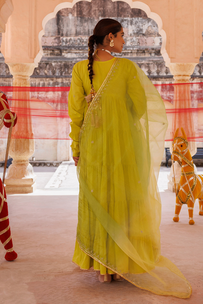 Green, Tiered Anarkali With Aari Taari Embroidery