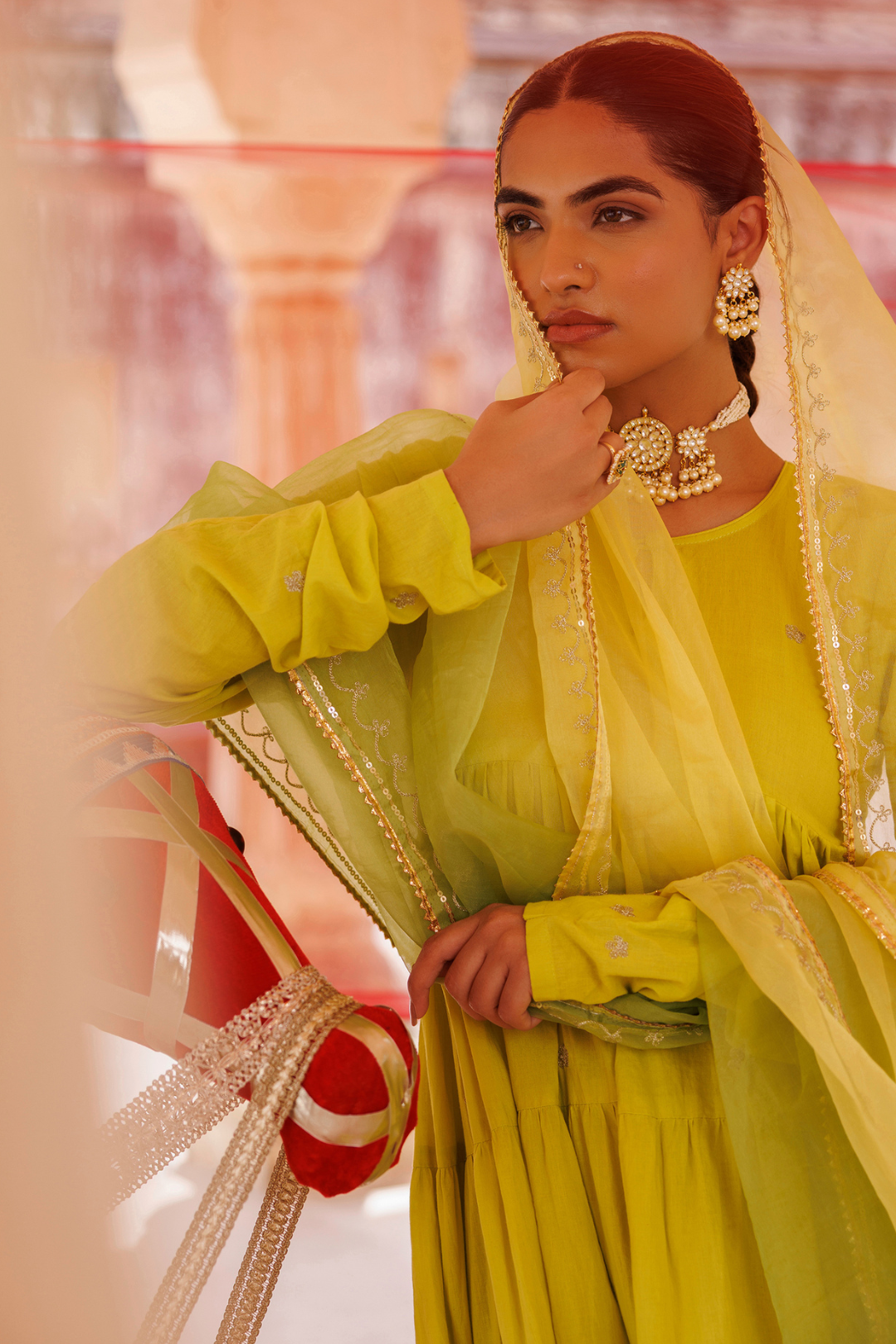 Green, Tiered Anarkali With Aari Taari Embroidery