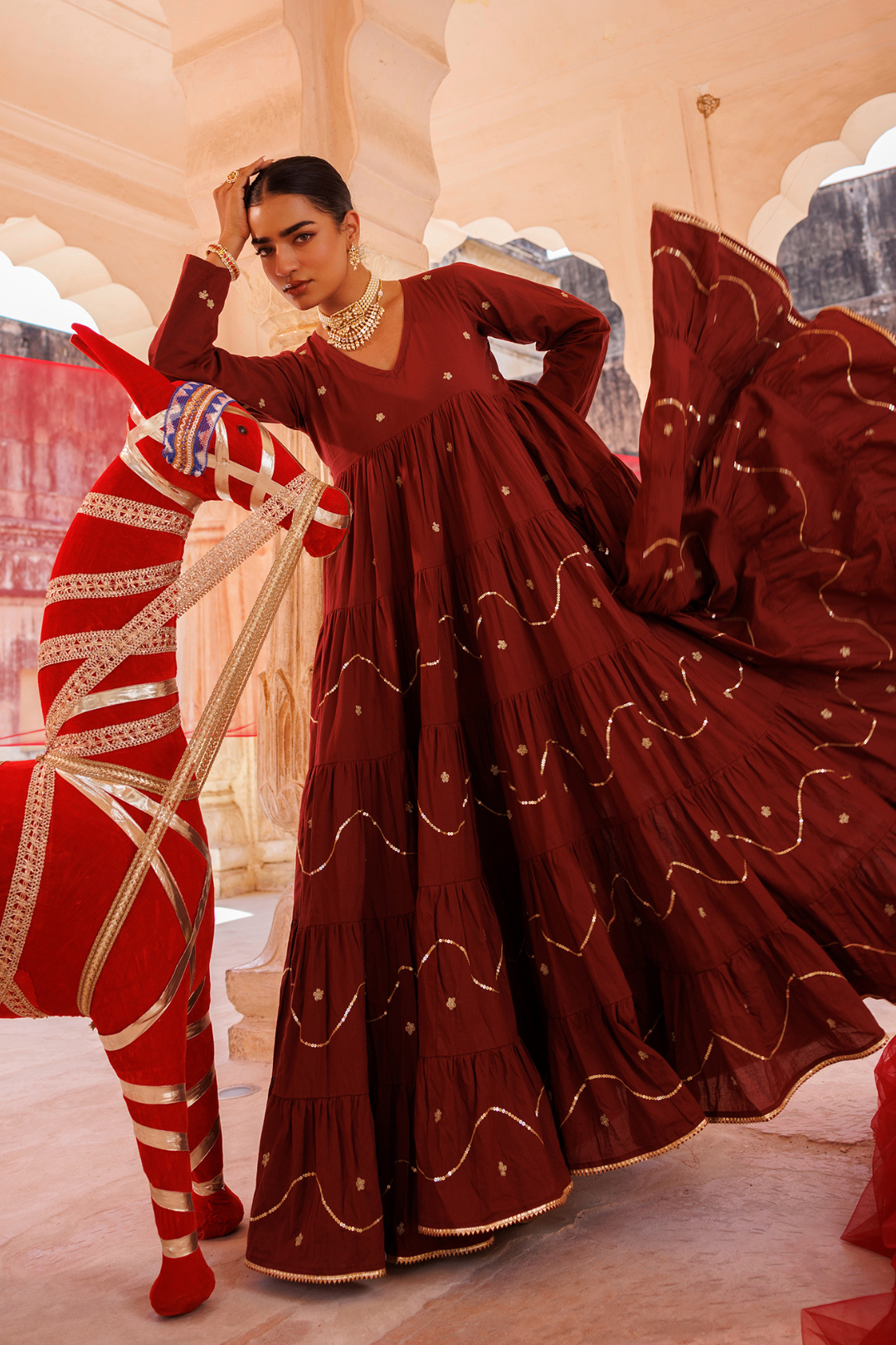 Maroon Tiered Anarkali With Aari Tari Embroidery