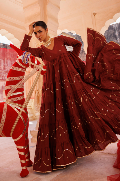 Maroon Tiered Anarkali With Aari Tari Embroidery