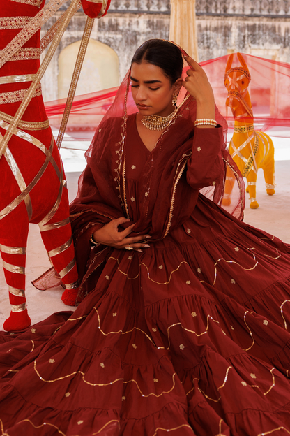 Maroon Tiered Anarkali With Aari Tari Embroidery
