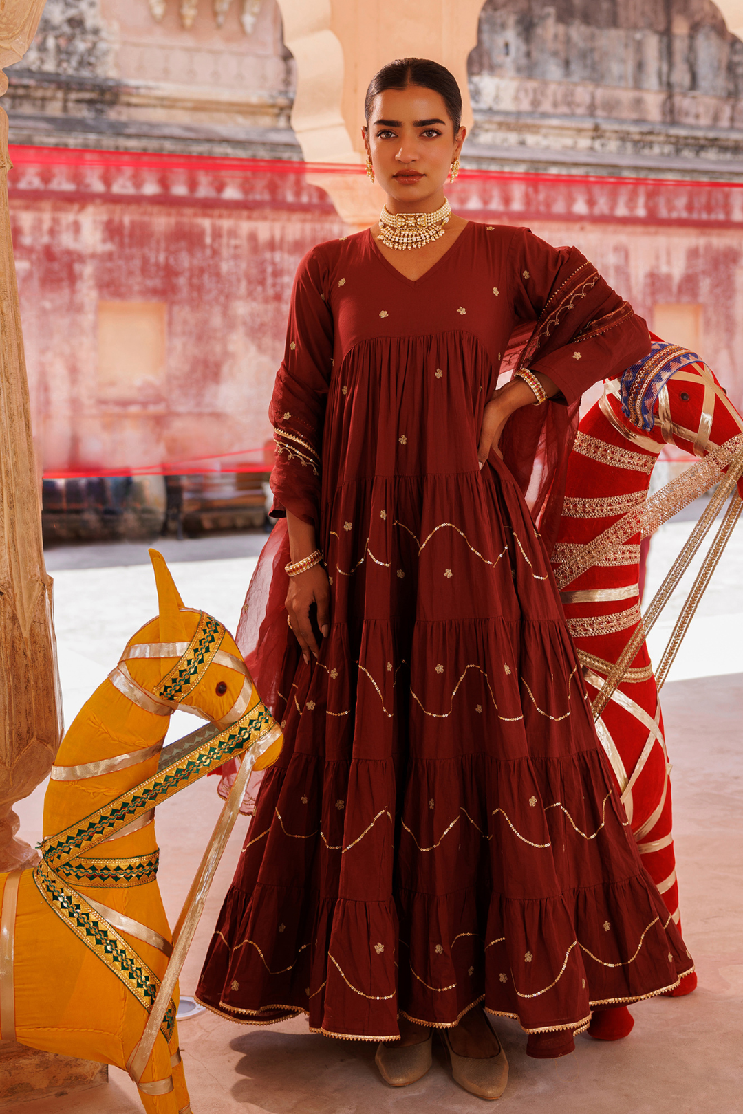Maroon Tiered Anarkali With Aari Tari Embroidery