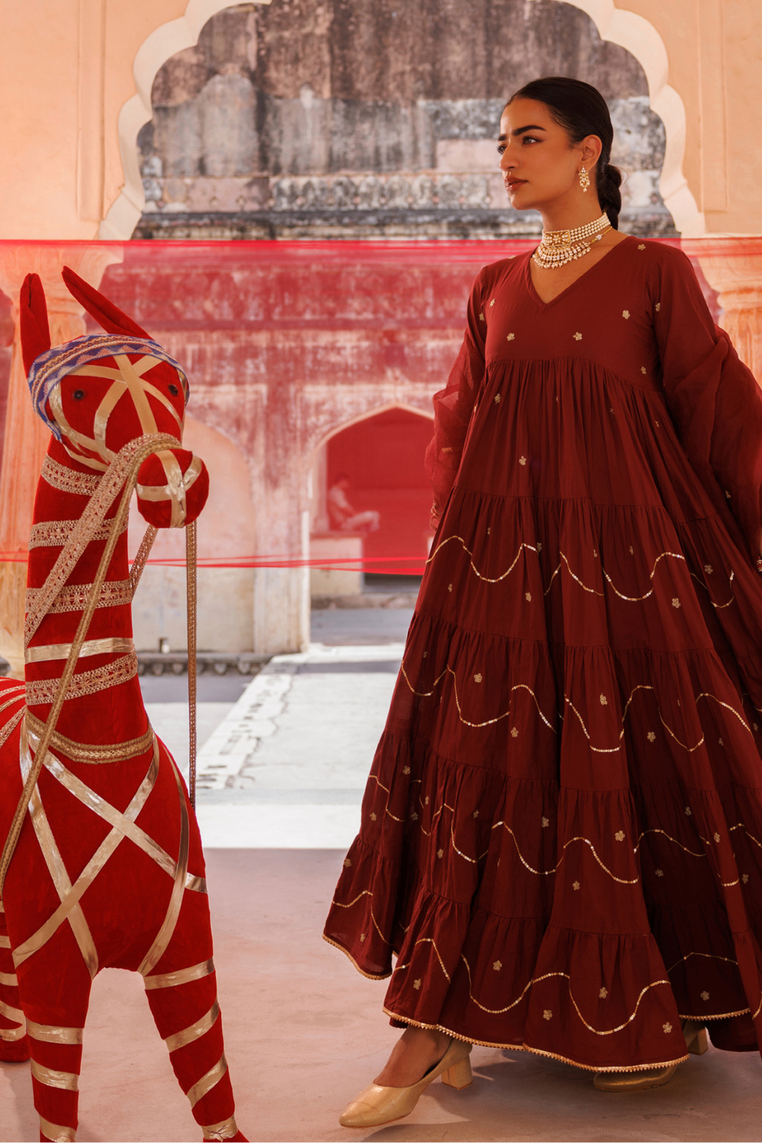 Maroon Tiered Anarkali With Aari Tari Embroidery