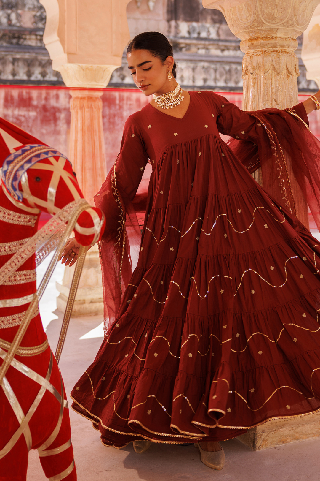Maroon Tiered Anarkali With Aari Tari Embroidery