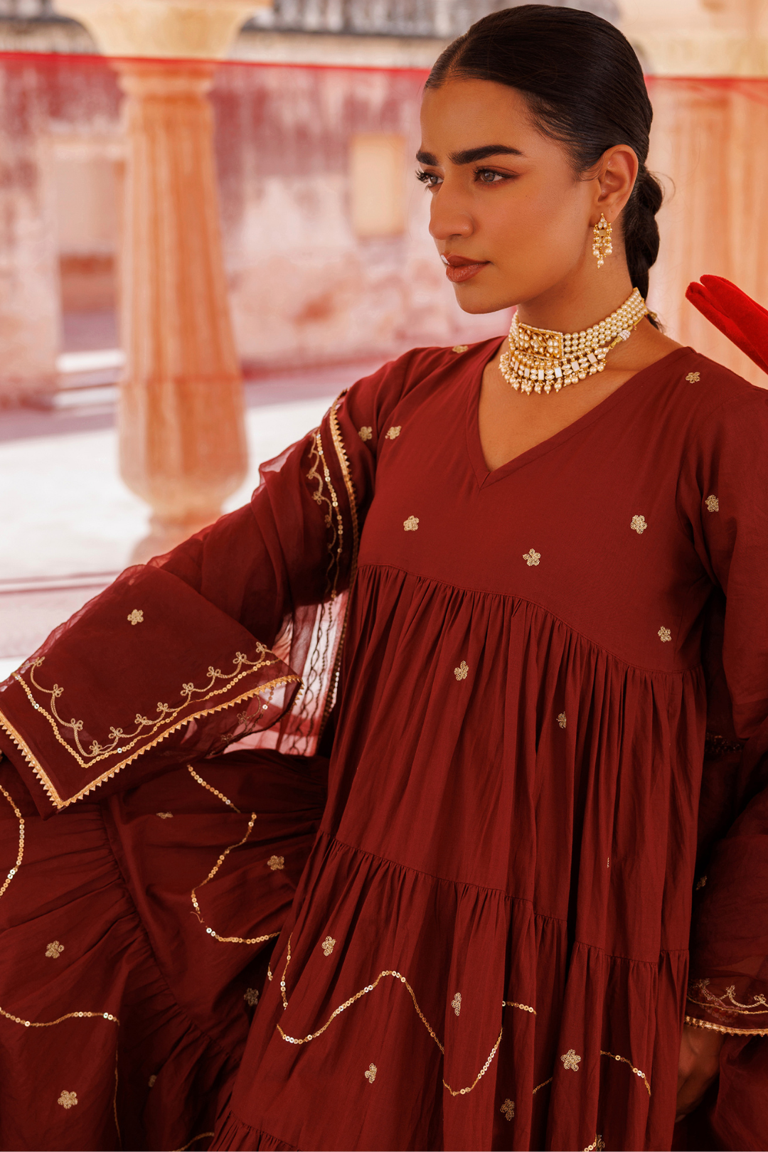 Maroon Tiered Anarkali With Aari Tari Embroidery