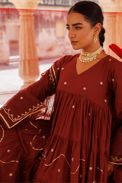 Maroon Tiered Anarkali With Aari Tari Embroidery