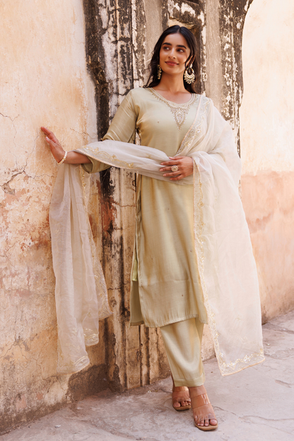 Pastel Green, Hand Embroidered Kurta Set