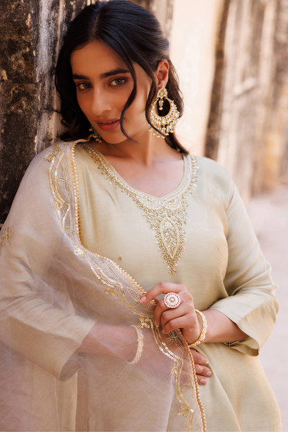 Pastel Green, Hand Embroidered Kurta Set