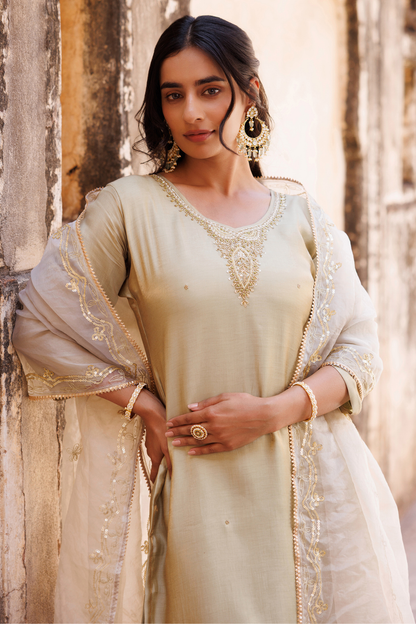 Pastel Green, Hand Embroidered Kurta Set