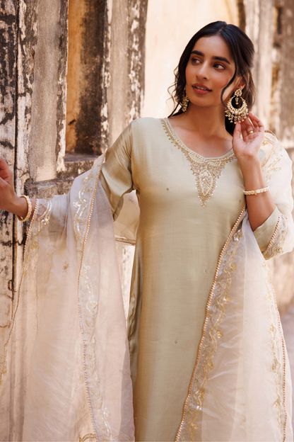 Pastel Green, Hand Embroidered Kurta Set