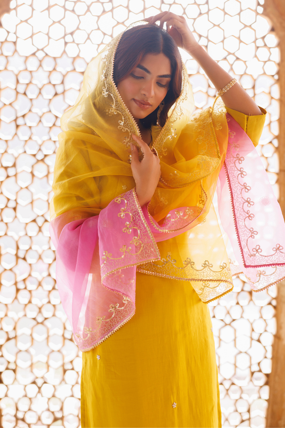 Yellow, Hand Embroidered Kurta Set With Dual Shaded Dupatta.