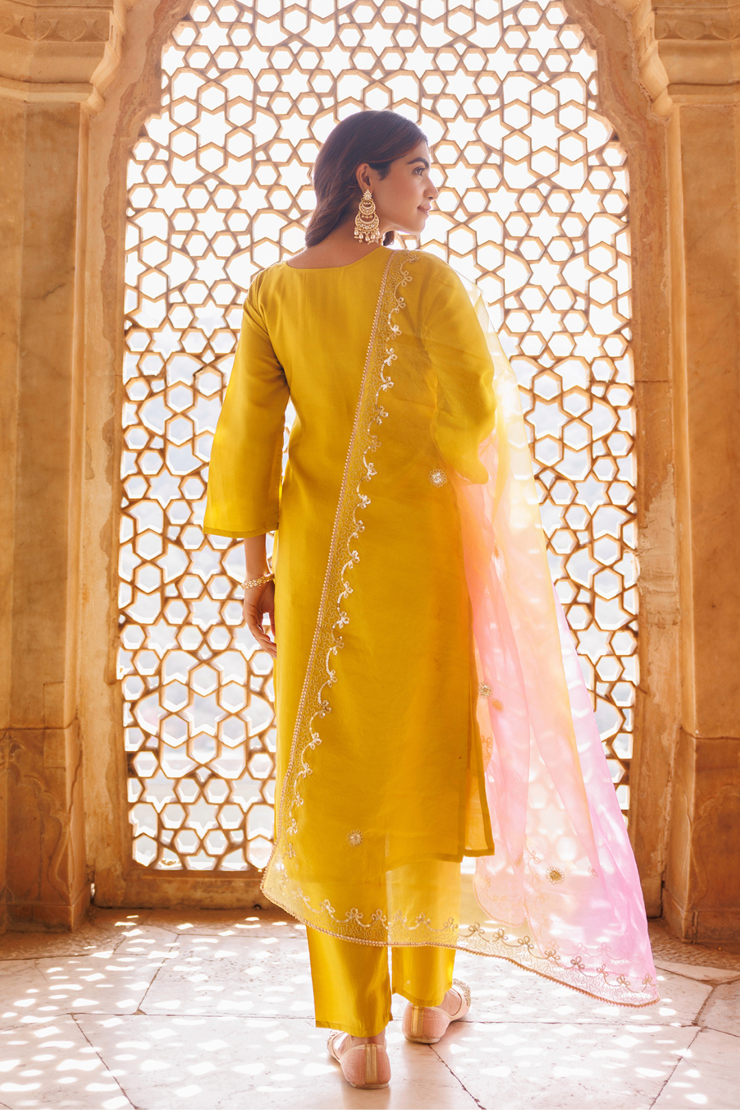 Yellow, Hand Embroidered Kurta Set With Dual Shaded Dupatta.