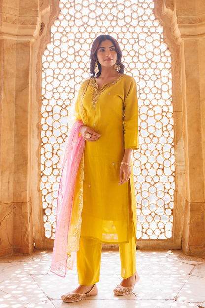 Yellow, Hand Embroidered Kurta Set With Dual Shaded Dupatta.