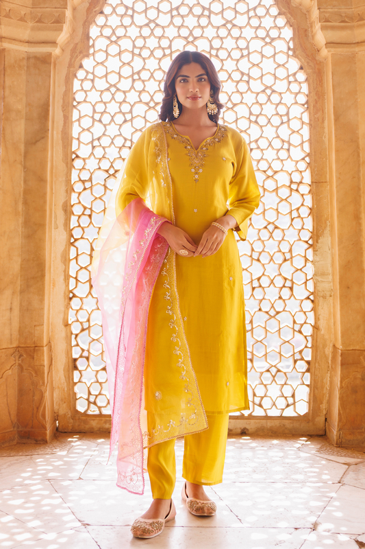 Yellow, Hand Embroidered Kurta Set With Dual Shaded Dupatta.