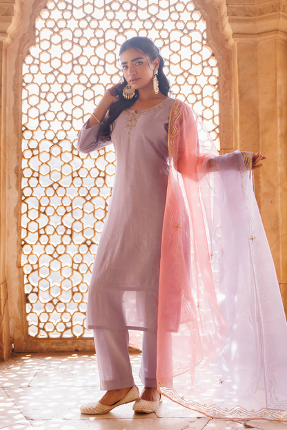 Lilac Hand Embroidered Kurta Set With Dual Shaded Dupatta