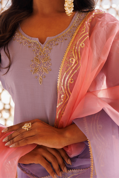 Lilac Hand Embroidered Kurta Set With Dual Shaded Dupatta