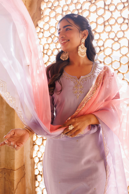 Lilac Hand Embroidered Kurta Set With Dual Shaded Dupatta