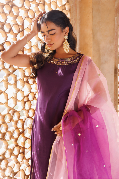 Wine Hand Embroidered Kurta Set With Dual Shaded Dupatta.