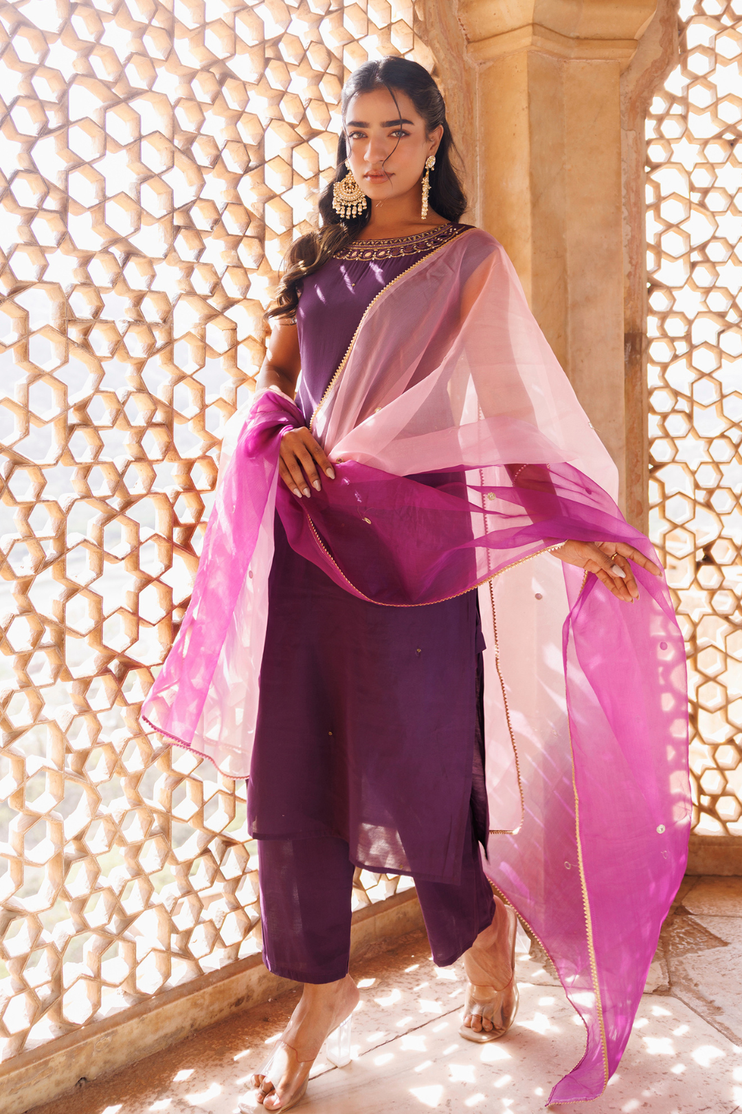 Wine Hand Embroidered Kurta Set With Dual Shaded Dupatta.