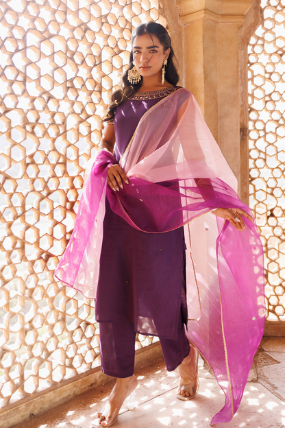 Wine Hand Embroidered Kurta Set With Dual Shaded Dupatta.