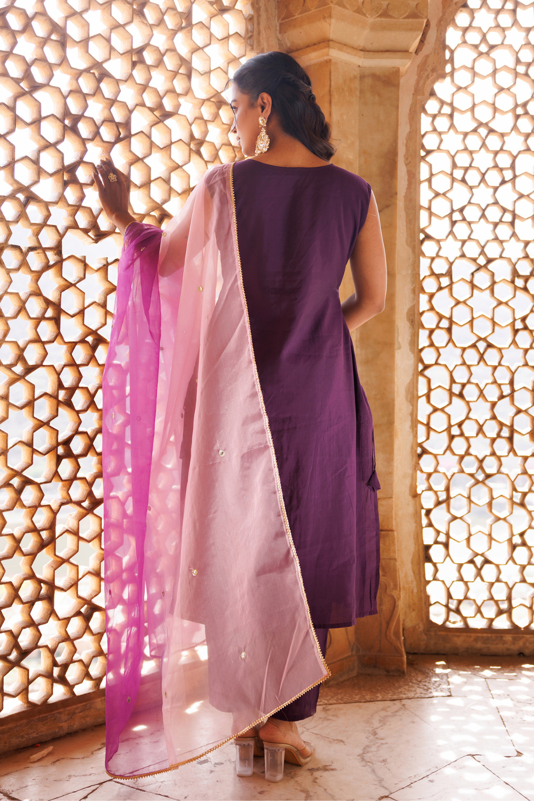 Wine Hand Embroidered Kurta Set With Dual Shaded Dupatta.
