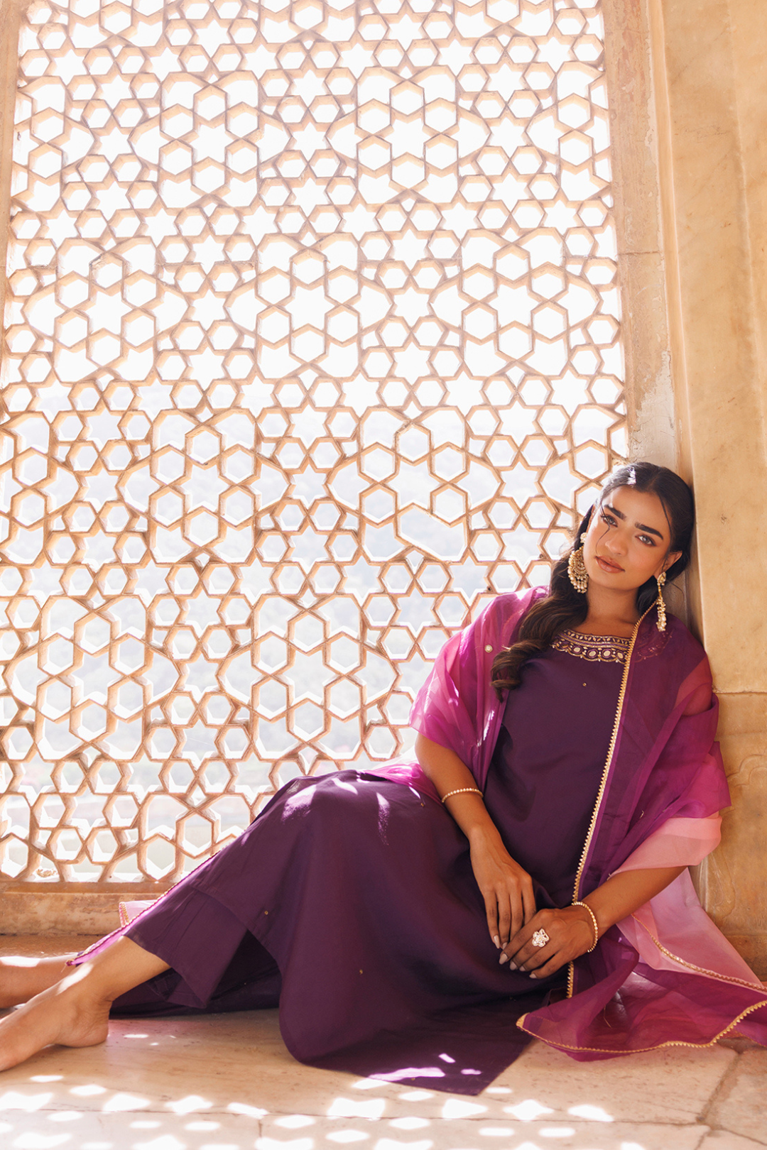 Wine Hand Embroidered Kurta Set With Dual Shaded Dupatta.