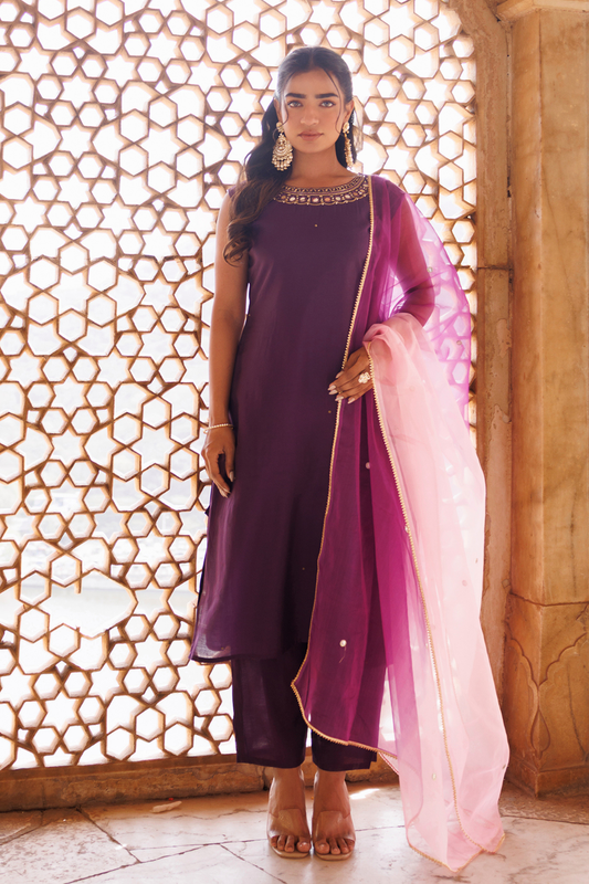 Wine Hand Embroidered Kurta Set With Dual Shaded Dupatta.